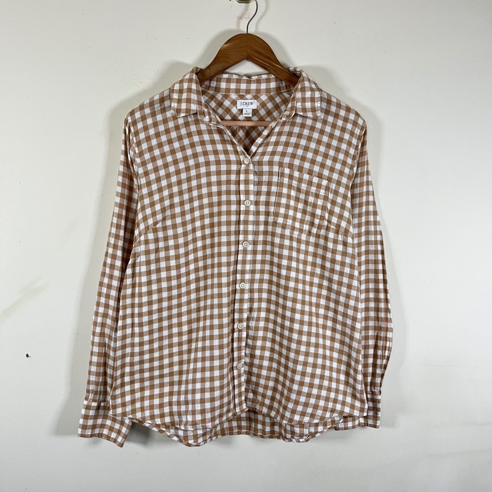 J. Crew Gingham Button Down Flannel Shirt Tan White Cottagecore Academia Large